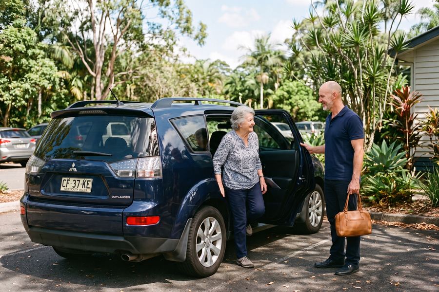 A helper holds the car door as an older woman steps out for her appointment