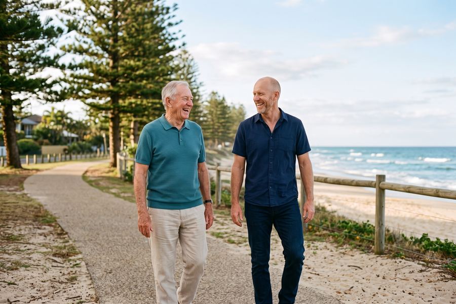 An older man and a helper walking and laughing along a coastal path by the beach
