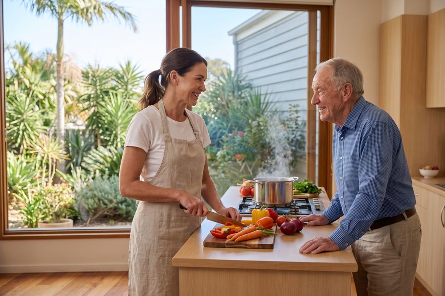 A support worker chopping fresh vegetables for a home-cooked meal while an older man chats with her