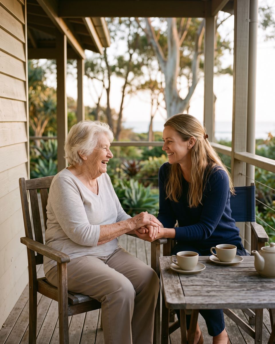 An older woman laughing and holding her support worker's hands over a cup of tea on her verandah