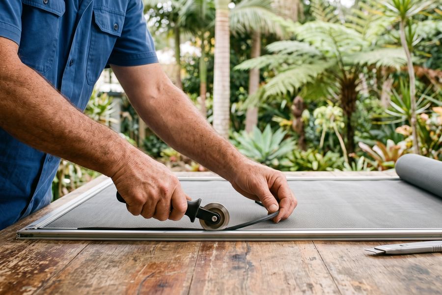 Hands fitting new mesh into a window flyscreen with a spline roller