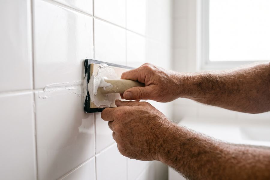 Hands pressing fresh grout between white bathroom tiles