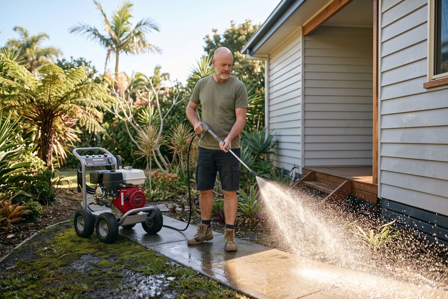 A handyman pressure-cleaning a mossy garden path with a petrol pressure cleaner